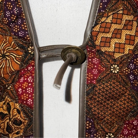 Vintage Cache Beaded Vest Medium Faux Leather Trim Ties Earth Tones Retro - Picture 6 of 13